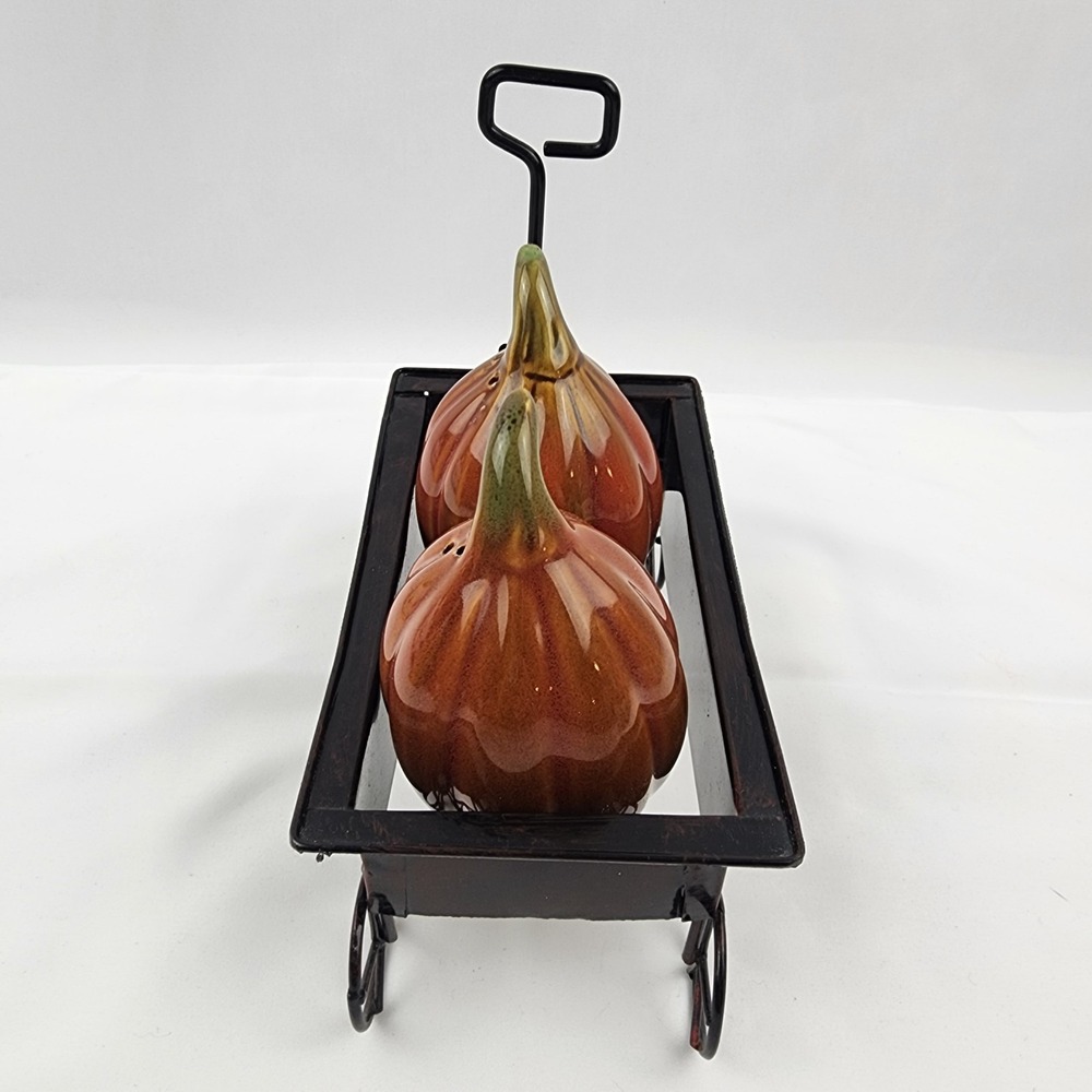 Pumpkin Shaped Salt and Pepper Shaker Set in a Wagon Holder Fall Thanksgiving - Picture 2 of 11